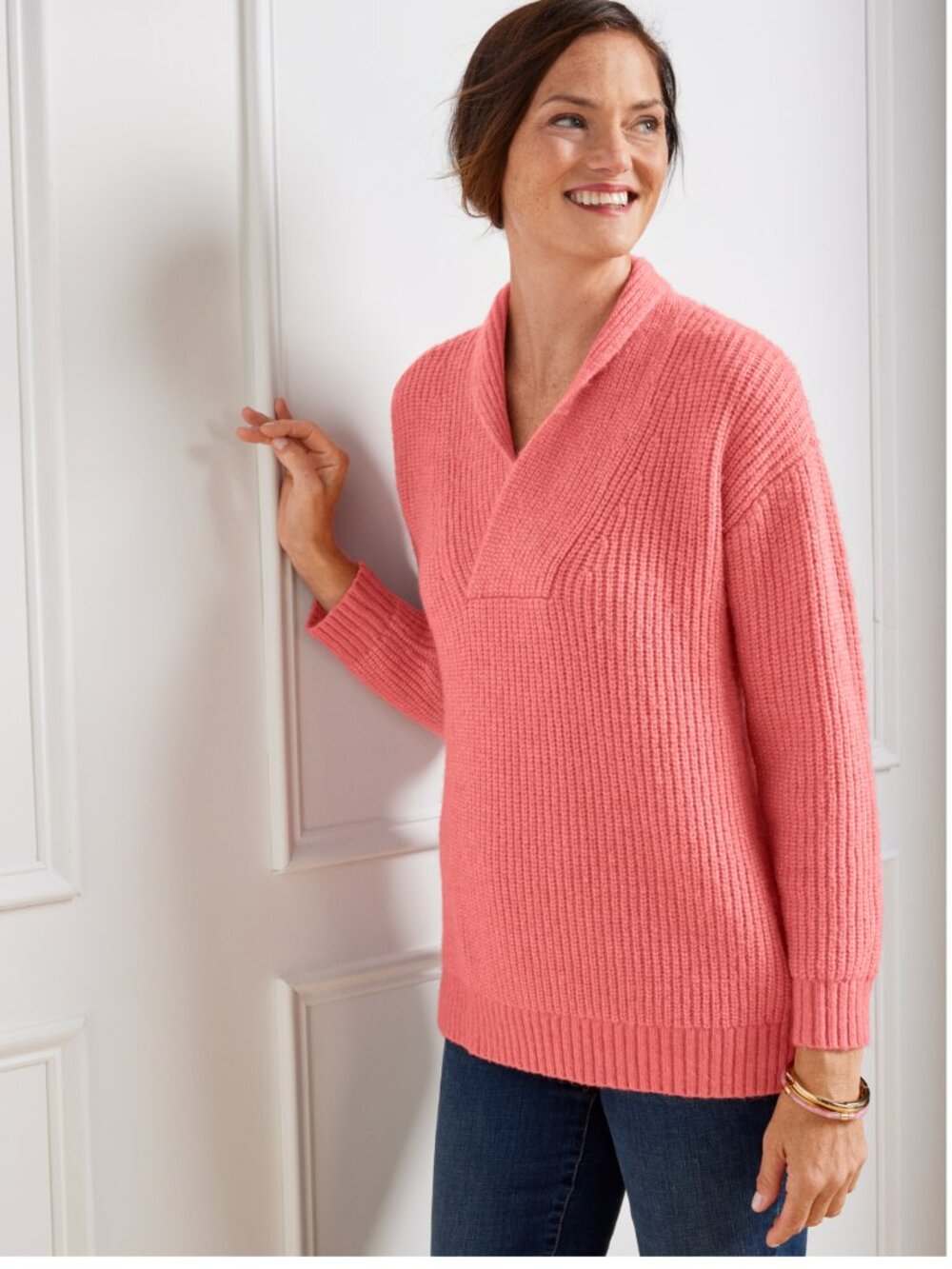 TALBOTS Shawl Collar Shaker Stitch Pullover in Peach Pink Size L